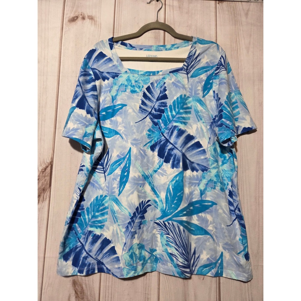 Liz & Me Tropical Leaf Print Square‎ Neck T Shirt Women Plus Size 16W Blue